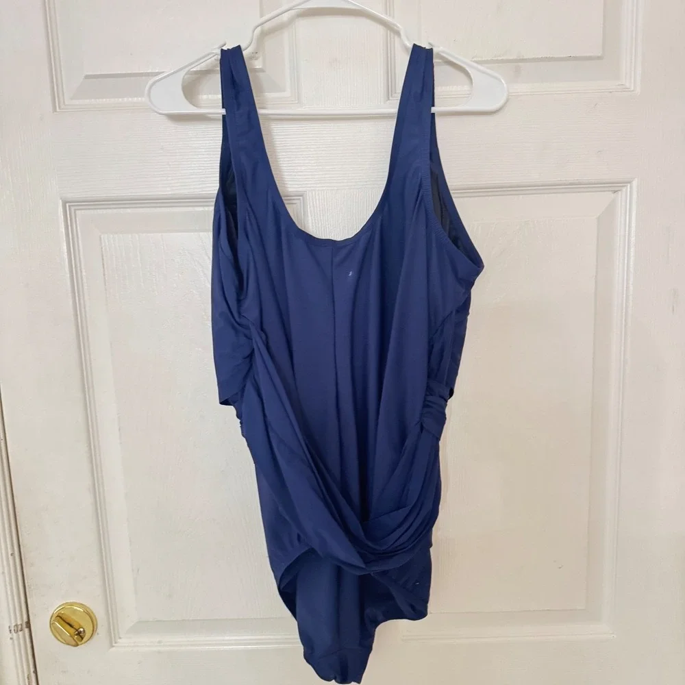 Lands End Slendertex One Piece Swimsuit Navy Blue Surplice Wrap 20W DDD‎ 516709